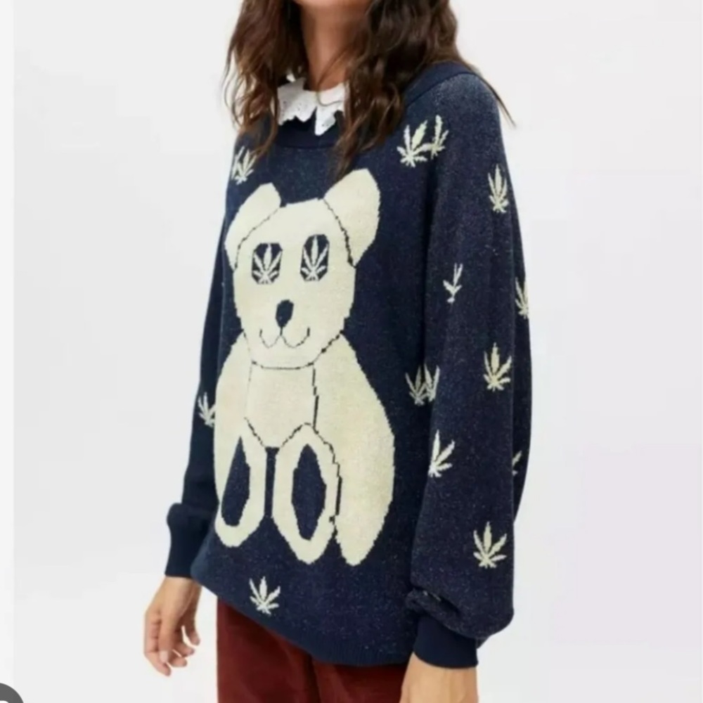 Urban outfitters navy sweater with bear and pot leafs, size small